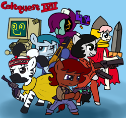 Size: 640x600 | Tagged: safe, artist:ficficponyfic, oc, oc:emerald jewel, oc:homage, oc:hope blossoms, oc:joyride, oc:larimar, oc:nishan, oc:pipadeaxkor, oc:ruby rouge, pony, robot, fallout equestria, clothes, color, colt quest, cyoa, enter the gungeon, game, gun, handgun, hood, parody, pistol, recap, revolver, robe, shotgun, story included, sword, title, title card, tribute, weapon