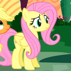 Size: 370x370 | Tagged: safe, derpibooru import, edit, edited screencap, screencap, applejack, fluttershy, earth pony, pegasus, pony, the saddle row review, animated, caption, cropped, gif, image macro, reaction image, reversed, solo focus, text, what just happened