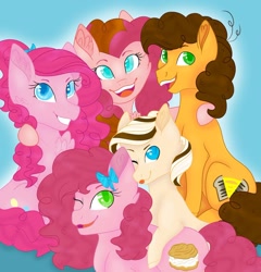 Size: 1280x1331 | Tagged: safe, artist:wispyaxolotl, cheese sandwich, pinkie pie, earth pony, pony, cheesepie, family, female, male, offspring, parent:cheese sandwich, parent:pinkie pie, parents:cheesepie, shipping, straight