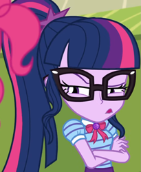 Size: 885x1080 | Tagged: safe, screencap, pinkie pie, sci-twi, twilight sparkle, better together, equestria girls, holidays unwrapped, bowtie, canterlot high, clothes, collar, cropped, crossed arms, cute, female, frown, geode of telekinesis, glasses, high school, jewelry, lidded eyes, lockers, magical geodes, o come all ye squashful, ponytail, shirt, short sleeves, skirt