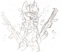 Size: 1703x1498 | Tagged: safe, artist:anonymous, artist:draw3, twilight sparkle, semi-anthro, unicorn, /mlp/, 4chan, badass, bandana, cigarette, clothes, drawthread, gun, monochrome, solo, sunglasses, traditional art, weapon