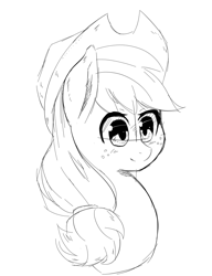 Size: 660x860 | Tagged: safe, artist:undreamed panic, derpibooru import, applejack, earth pony, pony, applejack's hat, bust, cowboy hat, cute, freckles, hat, monochrome, simple background, solo, white background