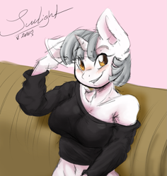 Size: 1023x1082 | Tagged: safe, artist:maximus, oc, oc:sunlight/sunny, anthro, unicorn, belly button, clothes, female, midriff, off shoulder, off shoulder sweater, short shirt, solo, sweater