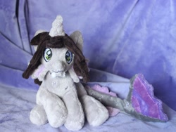 Size: 1280x961 | Tagged: safe, artist:sonic-spatula, hybrid, pony, beanie (plushie), commission, curved horn, fangs, fins, fish tail, half-siren, happy, horn, irl, kellin quinn, male, photo, plushie, ponified, scales, sleeping with sirens, slit eyes, smiling