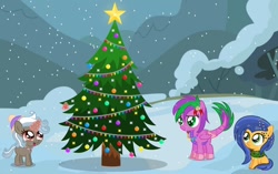 Size: 1280x804 | Tagged: safe, artist:razorbladetheunicron, oc, oc:charred sapphire, oc:firestorm swirl, oc:lanoga, dracony, dragon, earth pony, hybrid, pony, unicorn, adopted offspring, base used, christmas, christmas lights, christmas tree, clothes, female, filly, foal, hat, holiday, holly, lateverse, next generation, offspring, parent:amethyst star, parent:spike, parents:amespike, scarf, snow, snowfall, tree, trio