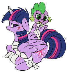 Size: 800x870 | Tagged: safe, artist:gifanon, spike, twilight sparkle, twilight sparkle (alicorn), alicorn, dragon, pony, bandage, bandaging, cute, female, floppy ears, injured, male, mare, prone, smiling, tongue out