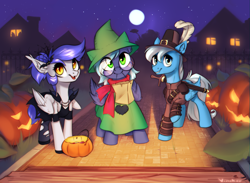 Size: 1637x1200 | Tagged: safe, artist:vincher, oc, oc only, oc:bluebreeze, oc:gabriel, oc:moonlight drop, pegasus, pony, undead, vampire, vampony, clothes, cosplay, costume, halloween, holiday, pumpkin, ralsei