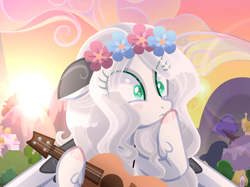 Size: 962x720 | Tagged: safe, artist:sugaryicecreammlp, oc, oc only, oc:elena, pegasus, pony, cute, female, floral head wreath, flower, guitar, mare, ocbetes, solo, sun, wide eyes