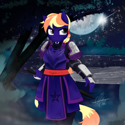 Size: 2000x2000 | Tagged: artist needed, safe, oc, oc only, anthro, earth pony, armor, forest, lake, moon, night, solo, stars, sword, tree, weapon