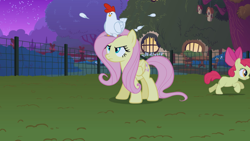 Size: 2880x1620 | Tagged: safe, screencap, apple bloom, fluttershy, bird, chicken, earth pony, pegasus, pony, stare master, annoyed, closed wing, feather, female, fence, filly, foal, looking up, looking up at a chicken, mare, night, running away, running offscreen, sitting on head, you better not lay an egg on me you chicken!