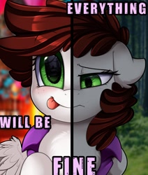 Size: 1280x1510 | Tagged: safe, artist:pridark, oc, oc only, oc:graph travel, pegasus, pony, :p, clothes, commission, everything is going to be ok, female, forest, freckles, happy, looking at you, mare, party, sad, solo, text, tongue out, two sided posters, vest