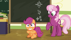 Size: 1920x1080 | Tagged: safe, screencap, cheerilee, scootaloo, pony, the last crusade, chalkboard