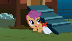 Size: 2880x1620 | Tagged: safe, screencap, scootaloo, bird, chicken, pegasus, pony, stare master, chicken coop, crouching, duo, egg, eyes closed, female, filly, foal, hiding, looking at something