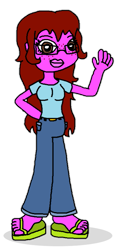 Size: 405x866 | Tagged: safe, artist:logan jones, oc, oc only, oc:lizzie punch, equestria girls, belt, big feet, breasts, clothes, feet, flip-flops, freckles, glasses, jeans, lips, pants, red hair, shirt, simple background, small breasts, transparent background, waving