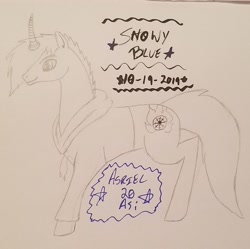 Size: 1632x1626 | Tagged: safe, artist:asriel20asi, oc, oc:snowy blue, pony, unicorn, clothes, coco's man, gift art, hoodie, male, stallion, sweatshirt, traditional art