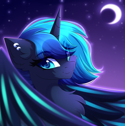 Size: 3306x3333 | Tagged: safe, artist:airiniblock, oc, oc only, alicorn, pony, chest fluff, commission, ear fluff, eye clipping through hair, female, looking at you, mare, moon, smiling, solo