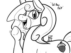 Size: 1600x1200 | Tagged: safe, artist:riggyrag, oc, oc only, oc:willow nut, pony, black and white, female, grayscale, mare, monochrome, open mouth, signature, simple background, solo, text, waving, white background