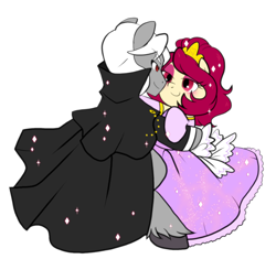 Size: 1000x940 | Tagged: safe, artist:yokokinawa, oc, oc:dracula, oc:soft petal, pony, clothes, dancing, dress, female, male, simple background, sparkles, straight, white background