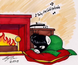 Size: 1140x954 | Tagged: safe, artist:newyorkx3, oc, oc:tommy junior, earth pony, pony, blanket, colt, fire, fireplace, male, pillow, record player, solo, song, traditional art, wood