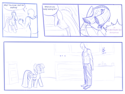 Size: 1600x1200 | Tagged: safe, artist:riggyrag, twilight sparkle, twilight sparkle (alicorn), oc, oc:anon, alicorn, human, pony, clothes, comic, dialogue, drawer, female, looking at each other, male, mare, monochrome, signature, sketch, tsundere, underwear