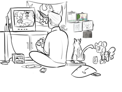 Size: 1600x1200 | Tagged: safe, artist:riggyrag, pinkie pie, cat, earth pony, human, pony, animal crossing, black and white, controller, drawing, female, gamecube, grayscale, mare, monochrome, plushie, self portrait, signature, simple background, sitting, television, video game, white background