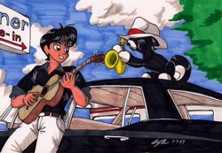 Size: 1923x1329 | Tagged: safe, artist:newyorkx3, oc, oc only, oc:tommy, oc:tommy junior, earth pony, human, pony, cadillac, car, guitar, hat, musical instrument, saxophone, sky, traditional art, tree