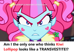 Size: 1280x922 | Tagged: safe, edit, edited screencap, screencap, kiwi lollipop, better together, equestria girls, sunset's backstage pass!, angry, close-up, discovery kids, headcanon, k-lo, lgbt, looking at you, op is a cuck, op is trying to start shit, question, solo, spanish, text, transphobia, transvestite