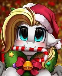 Size: 1446x1764 | Tagged: safe, artist:pridark, oc, oc:celestial aegis, bat pony, pony, bat pony oc, bell, blushing, candy, candy cane, christmas, commission, cute, cute little fangs, fangs, food, hat, holiday, mouth hold, ocbetes, pridark's christmas ponies, santa hat, solo, wreath, ych result