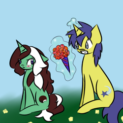 Size: 512x512 | Tagged: safe, artist:kaggy009, comet tail, oc, oc:peppermint pattie (unicorn), pony, unicorn, ask peppermint pattie, bouquet, female, flower, magic, mare