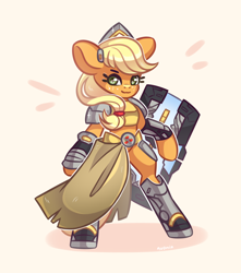 Size: 1500x1700 | Tagged: safe, artist:avonir, derpibooru import, applejack, earth pony, pony, armor, brigitte, crossover, female, freckles, looking at you, overwatch, shield, simple background, smiling, solo, standing, white background