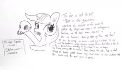 Size: 1859x1077 | Tagged: safe, artist:tjpones, twilight sparkle, pony, dialogue, hamlet, monochrome, shakespeare, skull, solo, text, to be or not to be