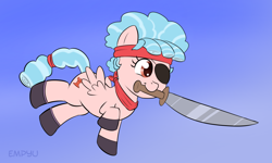 Size: 1000x600 | Tagged: safe, artist:empyu, cozy glow, pegasus, pony, 45 minute art challenge, cozybetes, cute, eyepatch, female, filly, gradient background, mouth hold, pirate, solo, sword, weapon