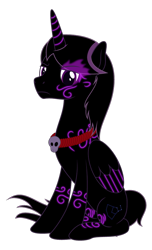 Size: 606x1000 | Tagged: safe, artist:crystalflash, oc, oc only, oc:dark vortex, alicorn, pony, alicorn oc, jewelry, male, necklace, simple background, sitting, skull, solo, sombra eyes, stallion, tattoo, transparent background, unamused