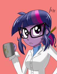 Size: 1020x1320 | Tagged: safe, artist:j-nanasca, artist:kingjnar, sci-twi, twilight sparkle, equestria girls, rainbow rocks, clothes, coffee, cup, drink, female, frown, glasses, hair bun, holding, lab coat, looking at you, pencil, pink background, ponytail, red background, science, scientist, signature, simple background, solo