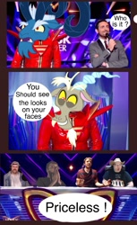 Size: 750x1223 | Tagged: safe, discord, grogar, the ending of the end, spoiler:s09, applegeek, exploitable meme, meme, reaction, reaction guys, the masked singer