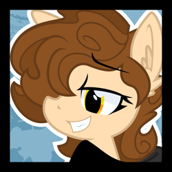 Size: 601x600 | Tagged: safe, artist:sherathoz, oc, oc only, oc:mily, earth pony, pony, brown mane, female, golden eyes, hair over one eye, smiling, smirk, solo