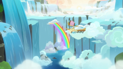 Size: 1920x1080 | Tagged: safe, screencap, pony, between dark and dawn, airship, barrel, cloud, foam, neighagra falls, rainbow, scenery, scenery porn, waterfall, zeppelin