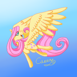 Size: 300x300 | Tagged: safe, artist:sugarponypie, fluttershy, pegasus, pony, cutie mark, eye clipping through hair, female, flying, head turn, large wings, mare, open mouth, pixel art, raised hoof, smiling, solo, spread wings, wings