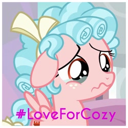 Size: 1936x1936 | Tagged: safe, edit, edited screencap, screencap, cozy glow, pegasus, pony, marks for effort, cozybetes, cozylove, cropped, cute, female, filly, hashtag, love, sad, solo, sympathy, sympathy for the devil, teary eyes, wavy mouth