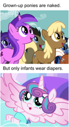 Size: 482x883 | Tagged: safe, screencap, doctor whooves, mjölna, princess flurry heart, silver spanner, pony, the crystalling, the super speedy cider squeezy 6000, baby, bottlecap (character), cartoon logic, critical research failure, diaper, female, filly, mare, meme, we don't normally wear clothes