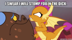 Size: 600x337 | Tagged: safe, edit, edited screencap, screencap, smolder, dragon, sweet and smoky, clump, dragoness, duo, female, male, scared, threat, vulgar