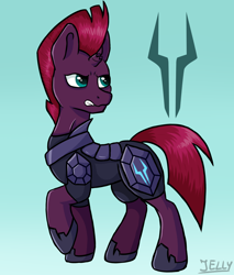 Size: 1700x2000 | Tagged: safe, artist:jellyys, tempest shadow, pony, angry, armor, broken horn, horn, simple background, solo