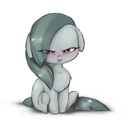 Size: 1634x1586 | Tagged: safe, alternate version, artist:buttersprinkle, marble pie, earth pony, pony, :t, angry, blushing, chest fluff, cute, female, floppy ears, grumpy, hnnng, madorable, marblebetes, mare, pouting, scrunchy face, simple background, sitting, weapons-grade cute, white background