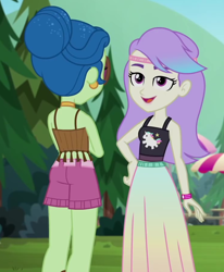 Size: 742x899 | Tagged: safe, screencap, laurel jade, snow flower, better together, equestria girls, sunset's backstage pass!, ass, butt, clothes, cropped, dress, duo, duo female, ear piercing, earring, female, hair bun, halter top, headband, jewelry, midriff, outdoors, piercing, pine tree, shorts, skirt, sleeveless, tanktop, tree, umbrella