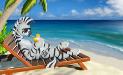 Size: 1449x879 | Tagged: safe, artist:lemurlemurovich, oc, oc only, oc:simonjarrett, zebra, beach, beach chair, drink, drinking, drinking straw, male, palm tree, sitting, solo, sunglasses, tree, water