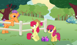 Size: 3288x1928 | Tagged: safe, artist:staricy097, apple bloom, tender taps, oc, oc:pear bloom, earth pony, pony, female, filly, male, offspring, older, parent:apple bloom, parent:tender taps, parents:tenderbloom, present, shipping, straight, tenderbloom