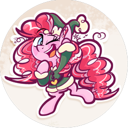 Size: 1174x1173 | Tagged: safe, artist:binkyt11, pinkie pie, earth pony, elf, pony, alternate hairstyle, blushing, chibi, christmas, circle background, clothes, cute, diapinkes, ear fluff, eye clipping through hair, female, heart, holiday, mare, one eye closed, open mouth, ponk, snow, snowflake, solo, wink