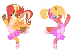 Size: 1280x880 | Tagged: safe, artist:emberskydragon, oc, oc:glissade cinderwisp, oc:solarflare primadonna, alicorn, deer, deer pony, hybrid, original species, unicorn, accessories, alternate hairstyle, amulet, ballerina, ballerinas, ballet, ballet slippers, bow, breedables, clothes, en pointe, eyes open, flower, hair bow, jewelry, kitsune pony, necklace, on one leg, one arm out, one arm up, pas de deux, ponytail, ponytails, smiling, tutu, tutus, tututiful