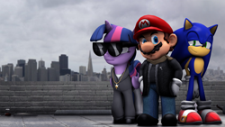 Size: 1920x1080 | Tagged: safe, artist:mariot209, twilight sparkle, twilight sparkle (alicorn), alicorn, pony, 3d, city, clothes, coat, crossover, hoodie, mario, photoshop, sonic the hedgehog, sonic the hedgehog (series), source filmmaker, sunglasses, super mario bros.