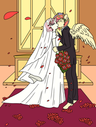 Size: 900x1200 | Tagged: safe, artist:linedraweer, oc, oc only, oc:brandy, oc:thor, anthro, pegasus, unguligrade anthro, unicorn, altar, anthro oc, clothes, commission, dress, female, flower, happy, kissing, male, mare, marriage, oc x oc, shipping, stallion, straight, wedding, wedding dress, wings